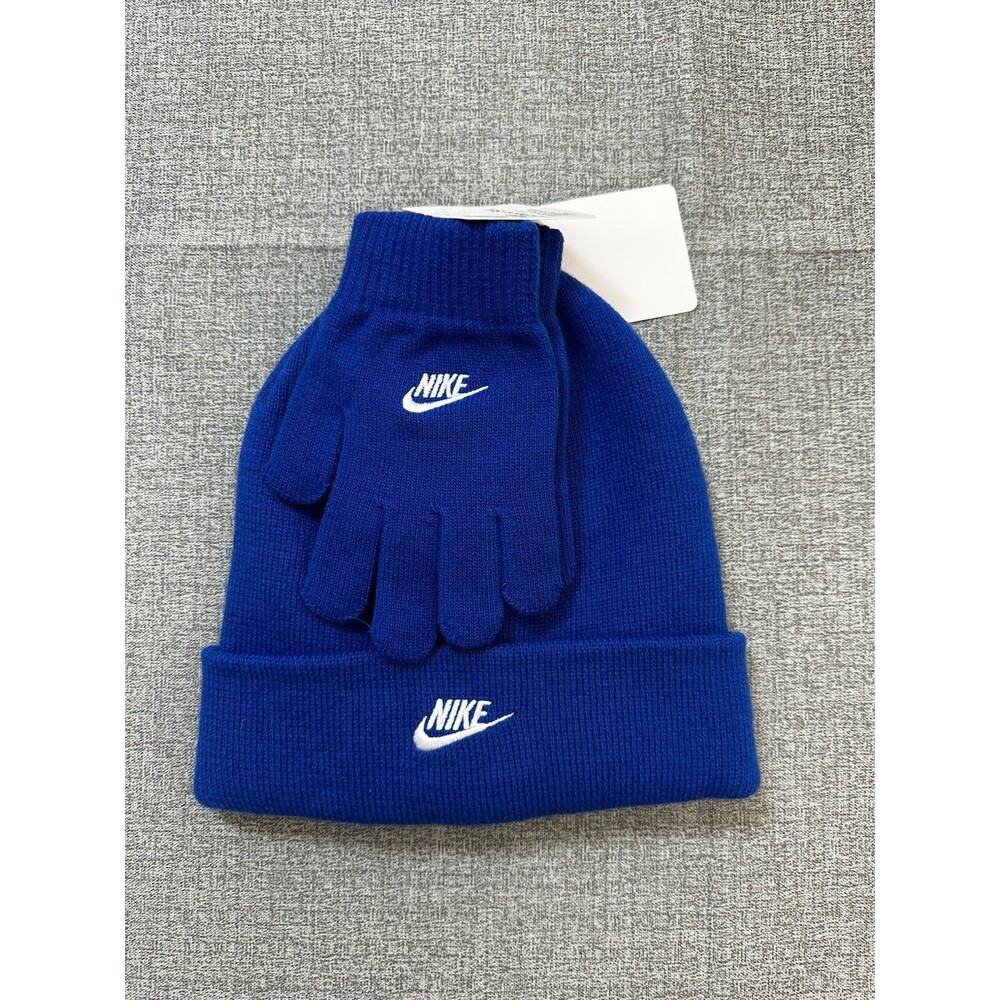 Nike Beanie & Gloves Set Kids Boys Unisex Logo Blue White Knit - Picture 1 of 4